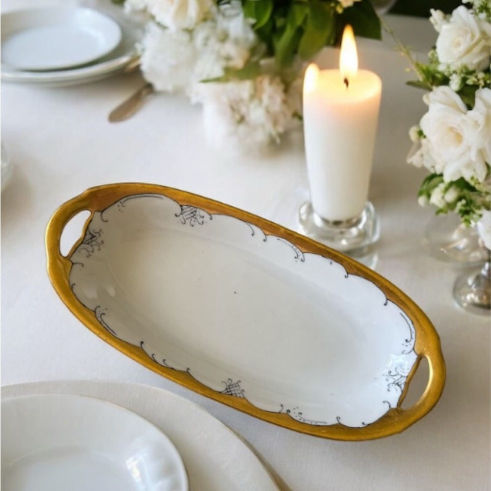 Antique 24 k gold trim relish dish serving, candy, etc. signed